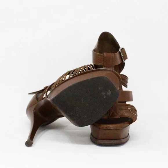 YSL #36155 Brown Leather Tribute T-Strap Platform Heels (US 8 EU 38)